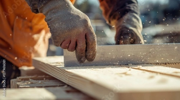 Obraz A construction worker preparing to cut wood with a saw. Featuring concentration and precision