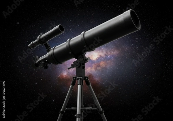 Fototapeta Telescope observing the universe and milky way, stargazing equipment for astronomy observation and scientific discovery, exploring space and sky, dark space scene