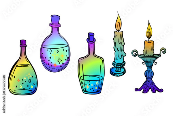 Obraz Set with old magic bottles and candles. Hand drawing sketch. Art line. Colorful Vector illustration. Retro style. Isolated on white background.