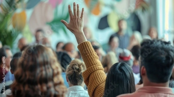Fototapeta Active participation in conference raising hand with diverse crowd of attendees