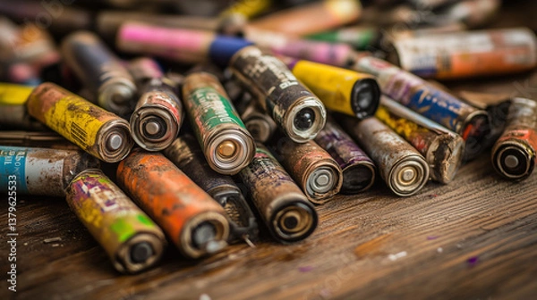 Fototapeta Close-up of used AA batteries scattered on wooden table with corroded terminals and faded labels, shallow depth of field f/2.8 highlighting environmental pollution and hazardous waste disposal concept