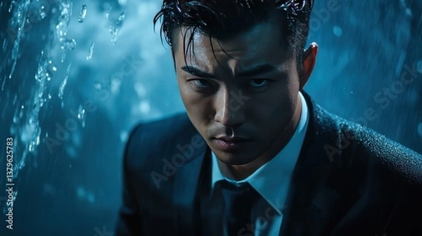 Fototapeta Intense Gaze: A Man in a Suit Underneath the Rain