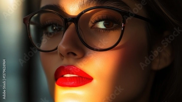 Fototapeta Close-up Portrait of a Woman with Red Lips and Glasses in Warm Light