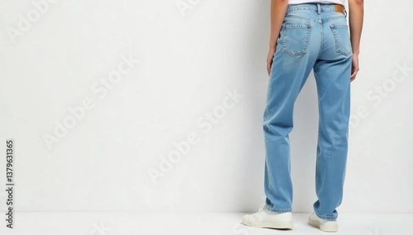 Obraz Light wash denim jeans, minimalist white setting, white background, distressed