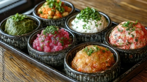 Fototapeta Assorted small dishes of appetizers on rustic wooden table