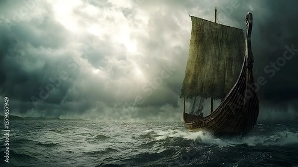 Obraz Dramatic Viking Longship Sailing Through Tempestuous Ocean Waves Under a Stormy Sky