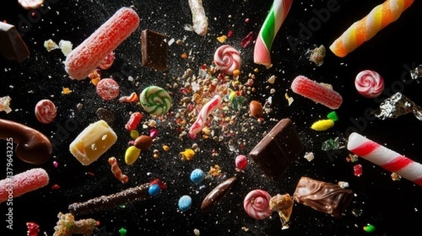 Fototapeta Dynamic explosion effect of mixed candies frozen in mid-air, featuring twisted licorice, lollipops, candy canes, and foil-wrapped chocolates, some candies slightly blurred suggesting motion, others