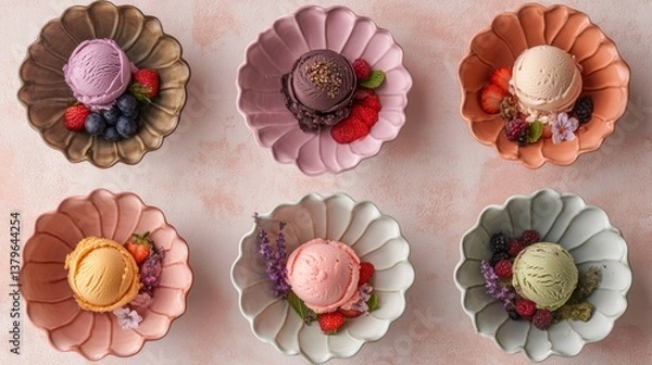 Obraz Overhead composition of seven ceramic bowls arranged in flower pattern, each containing perfectly spherical ice cream scoops in vibrant flavors, pistachio with crushed nuts, lavender with dried