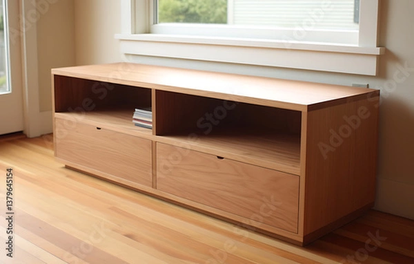 Fototapeta Modern Wooden Storage Unit: A contemporary wooden storage unit with clean lines, featuring drawers and open shelves, positioned beside a window.