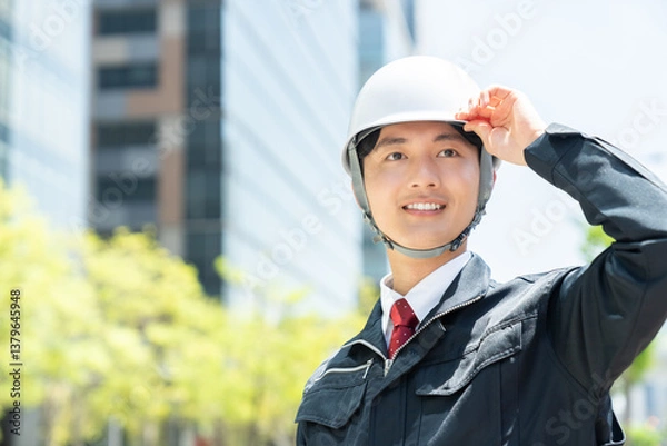 Fototapeta 屋外の若い作業員の男性