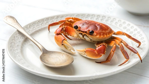 Fototapeta Delicious Steamed Crab on a White Plate with Spoon