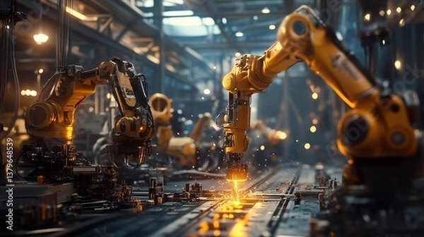 Fototapeta Automated robotic arms performing precise welding operations in a manufacturing facility