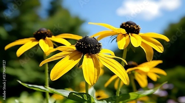 Fototapeta Vibrant yellow flowers blooming in nature outdoor garden photography bright environment close-up view