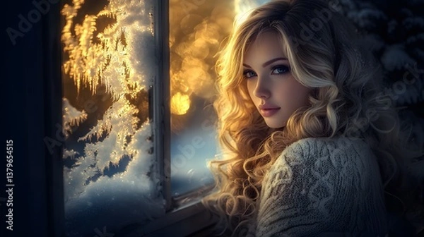 Obraz Beautiful Blonde Woman by Snowy Window Winter Fashion Golden Hour Light