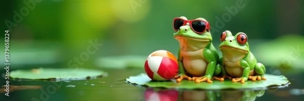 Fototapeta Frogs sitting on a lily pad with sunglasses and a beach ball, beach scene, frogs