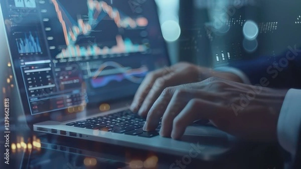 Fototapeta A close-up of a businessman hands typing on a laptop keyboard with financial charts on the screen. 