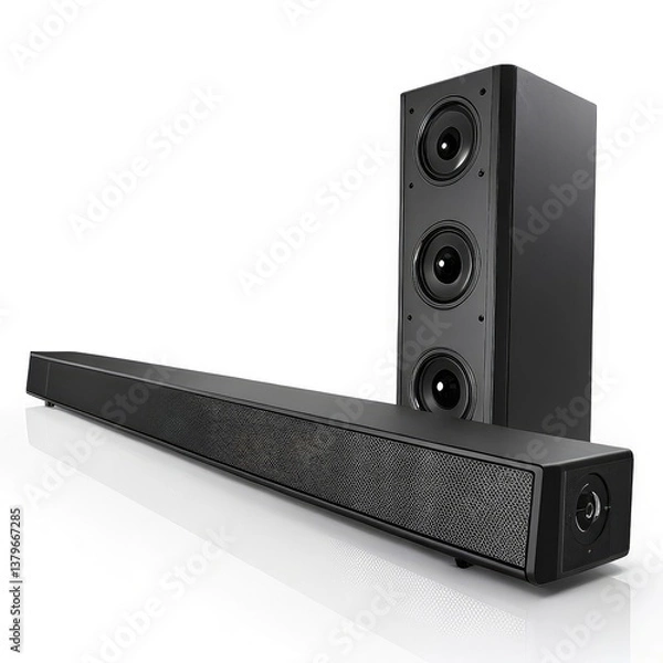 Obraz A modern soundbar and subwoofer setup featuring a sleek design and high-quality sound output, ideal for enhancing home entertainment systems on a white isolated background.