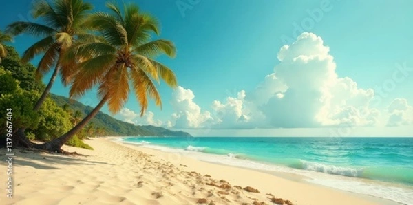 Obraz Warm sandy shore with vintage palm trees and a distant film- distressed ocean horizon , beach, distressed