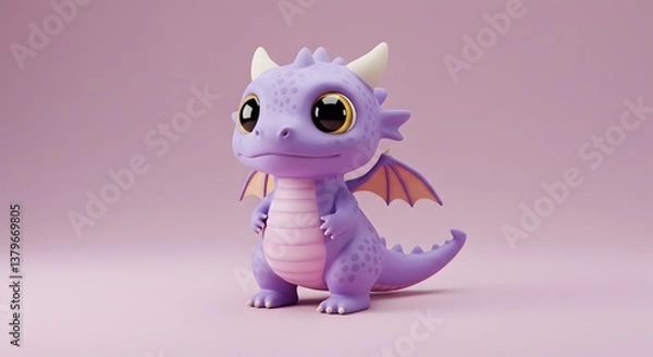 Fototapeta Adorable lavender dragon with big eyes stands on a light pink surface in a charming 3D render.