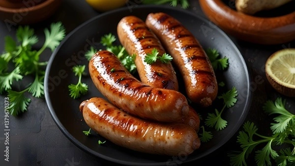 Obraz Grilled sausages served on a black plate with fresh green parsley. Delicious, tasty, appetizing meat dish. Fried pork, beef or chicken sausages with spices for a barbecue or grill party.