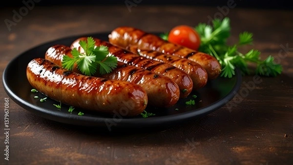 Obraz Grilled sausages served on a black plate with fresh green parsley. Delicious, tasty, appetizing meat dish. Fried pork, beef or chicken sausages with spices for a barbecue or grill party.