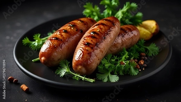 Obraz Grilled sausages served on a black plate with fresh green parsley. Delicious, tasty, appetizing meat dish. Fried pork, beef or chicken sausages with spices for a barbecue or grill party.
