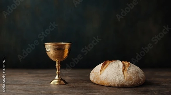 Fototapeta Golden Chalice and Artisan Bread on Rustic Wooden Table with Dark Background