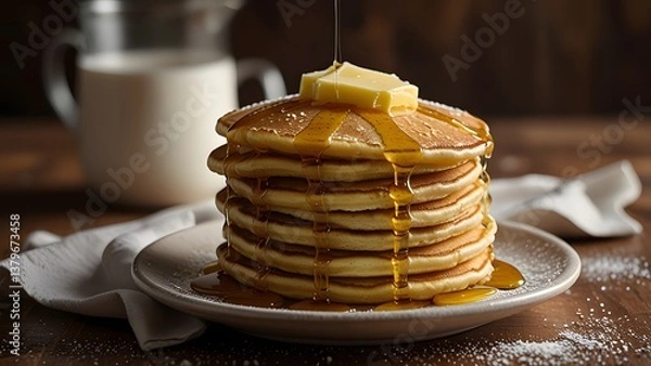 Obraz Stack of golden pancakes drizzled with sweet syrup, dusted with powdered sugar and topped with butter. Breakfast or brunch treat, homemade classic American meal at white plate. Tasty sweet food. 