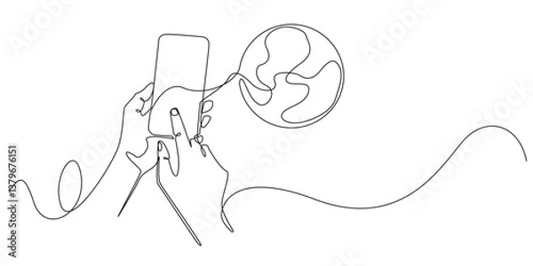 Fototapeta Continuous Line Drawing of Hands Holding Smartphone and Globe, Isolated on White.