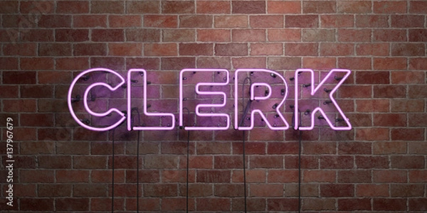 Fototapeta CLERK - fluorescent Neon tube Sign on brickwork - Front view - 3D rendered royalty free stock picture. Can be used for online banner ads and direct mailers..