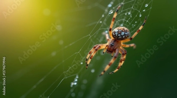 Fototapeta  Spider weaving its web in the morning light