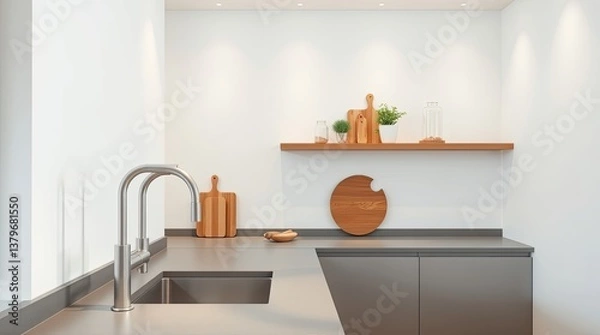 Fototapeta A modern minimalist kitchen interior with wood and steel elements
