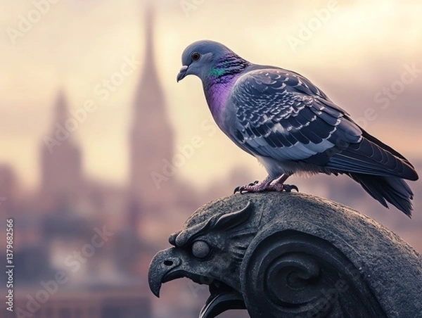 Fototapeta Pigeon Perched on Gargoyle Overlooking Cityscape with Soft Hues