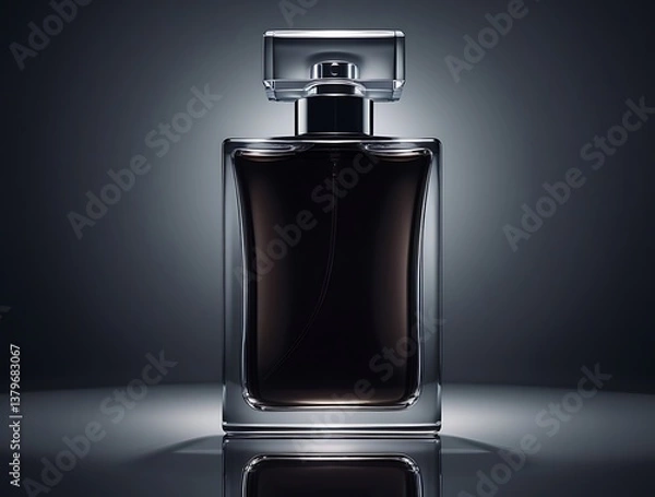 Obraz Minimalist perfume bottle with a refined shape and deep amber liquid, illuminated by soft lighting, evoking a sense of high-end beauty, fashion, and luxury fragrance branding.


