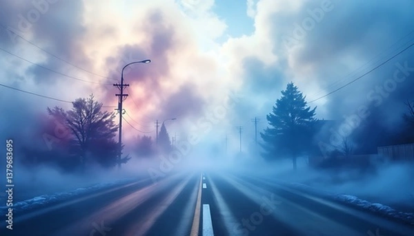 Fototapeta Driving Down Foggy Road with Mysterious Atmosphere and Dramatic Sky