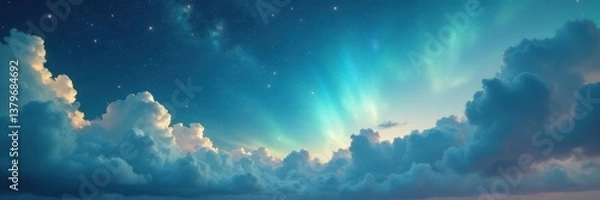 Fototapeta Faded sky with wispy clouds and twinkling stars on distressed paper background, nostalgic, parchment , stars
