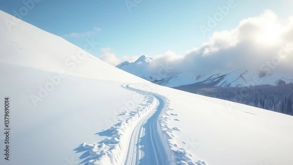 Obraz Snow trail curving through pristine alpine slope under bright sky in winter mountains	