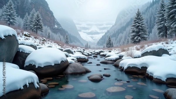 Obraz Snow-covered mountain valley with clear flowing river and rocks under bright winter sun	