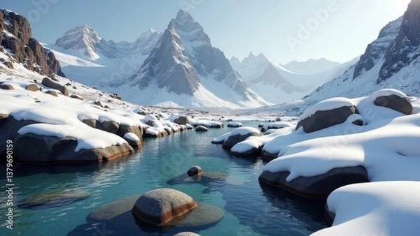 Obraz Snow-covered mountain valley with clear flowing river and rocks under bright winter sun	