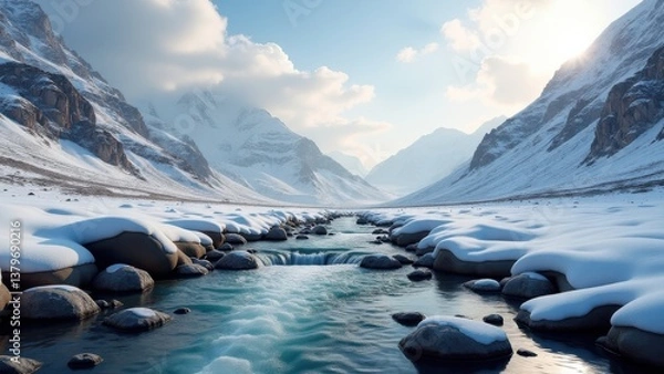 Obraz Snow-covered mountain valley with clear flowing river and rocks under bright winter sun	