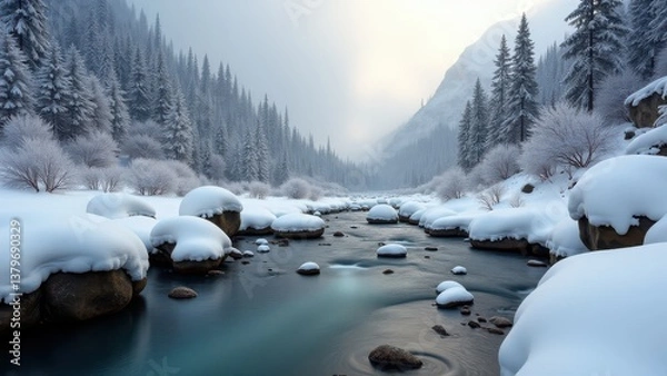 Obraz Snow-covered mountain valley with clear flowing river and rocks under bright winter sun	