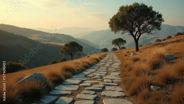 Obraz Stone path through grassy hills at sunrise with scattered trees and long shadows	