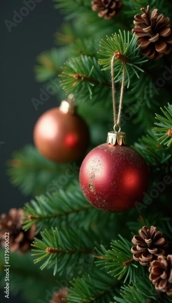 Obraz Rustic wooden ornaments and pinecones adorn a bunched up evergreen branch, pinecones, foliage