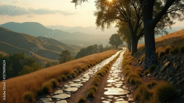 Obraz Stone path through grassy hills at sunrise with scattered trees and long shadows	