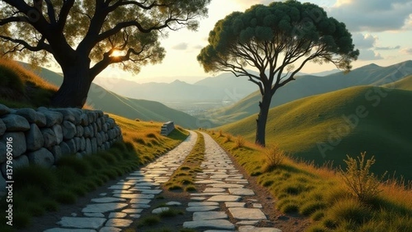 Obraz Stone path through grassy hills at sunrise with scattered trees and long shadows	