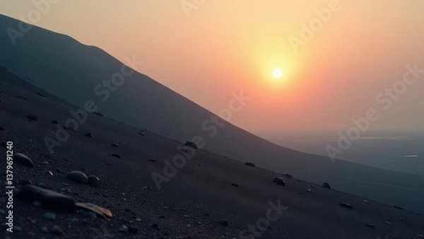 Obraz Desert valley with winding stream at sunset between silhouetted hills	