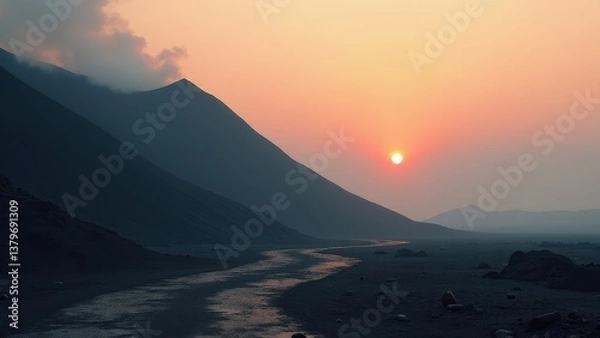 Obraz Desert valley with winding stream at sunset between silhouetted hills	