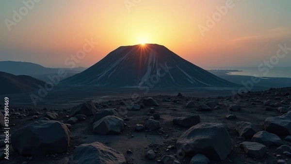 Obraz Desert valley with winding stream at sunset between silhouetted hills	