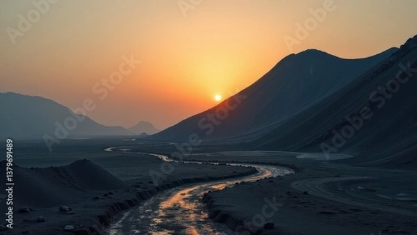 Obraz Desert valley with winding stream at sunset between silhouetted hills	