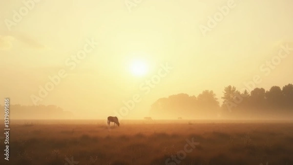 Obraz Cows grazing in foggy meadow at sunrise with forest in background	